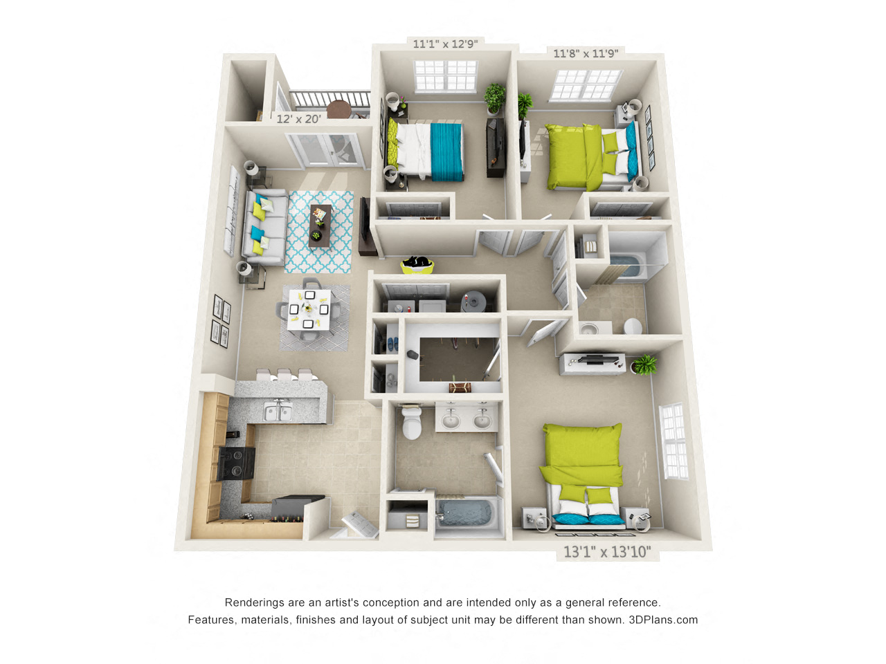 Floor plan for 3 beds, 2 baths, 1300 sqft